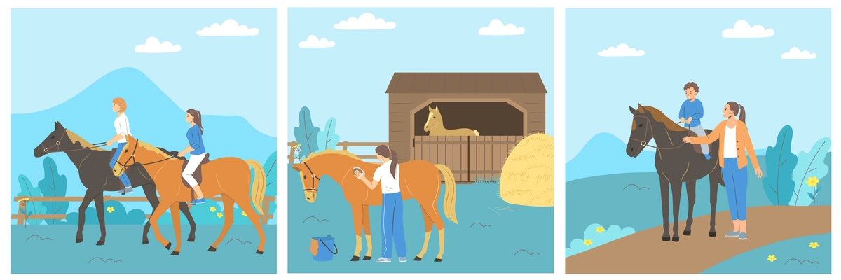 People taking care of horses in stable and riding horseback in countryside flat set isolated vector illustration