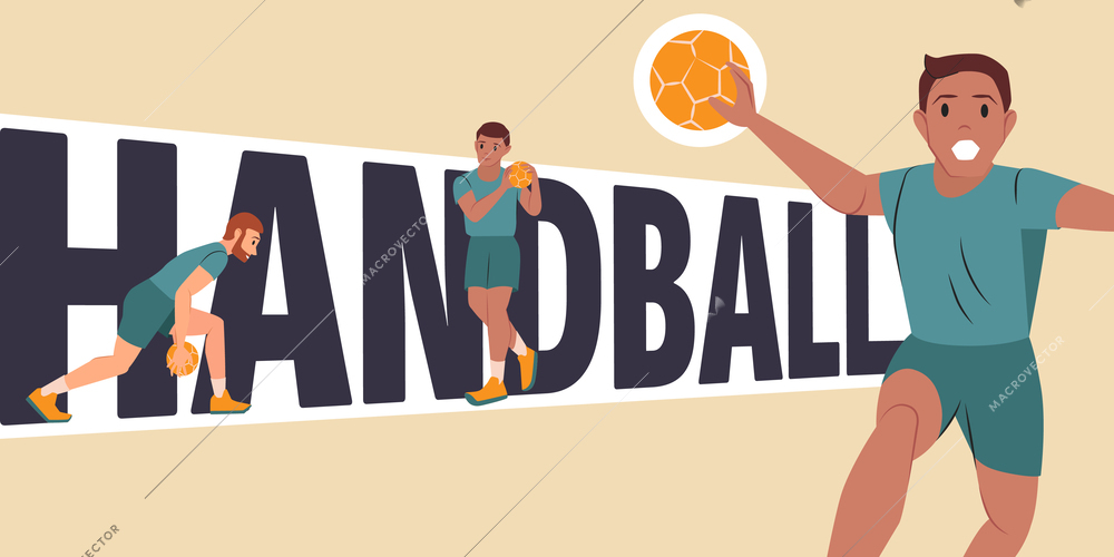 Horizontal text banner in flat style with handball players with balls during match vector illustration