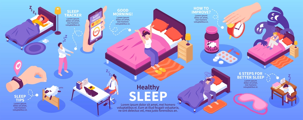 Healthy sleep infographic set with sleep tips symbols isometric vector illustration