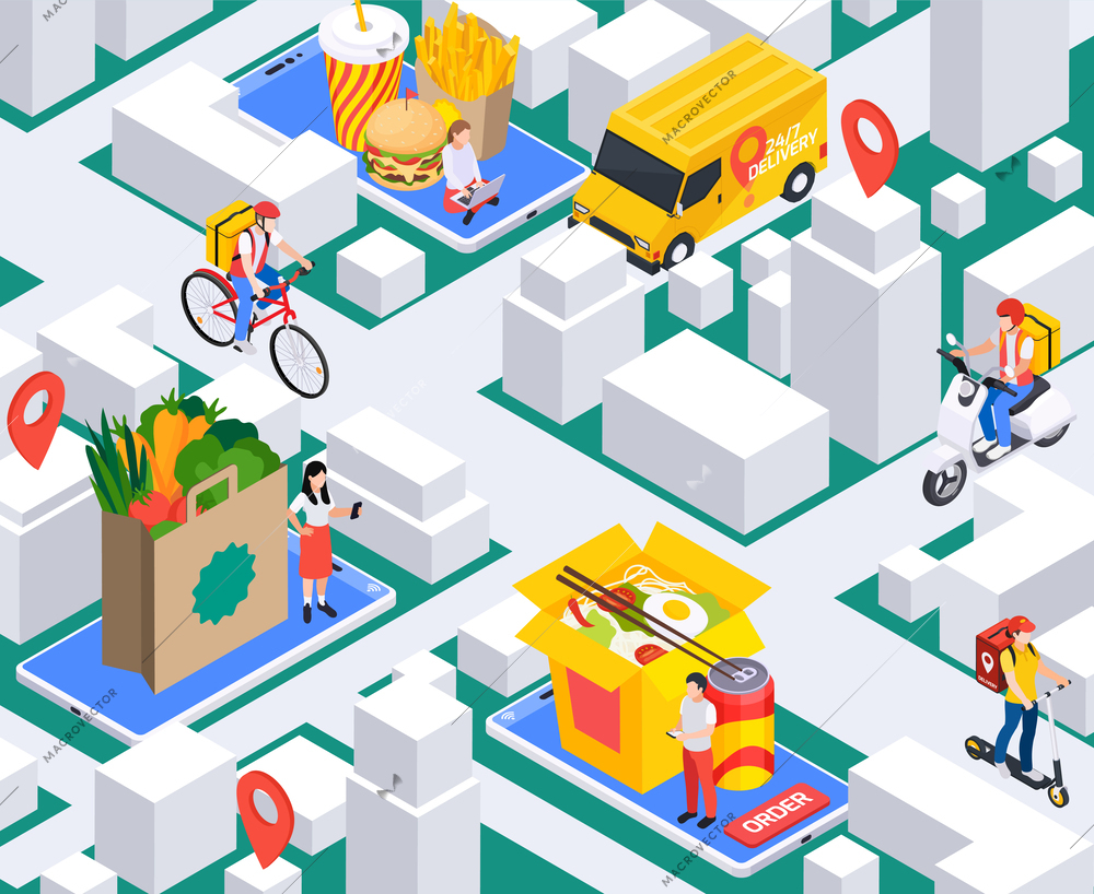 Online takeaway food order delivery service isometric composition with city block mockups location signs human characters vector illustration