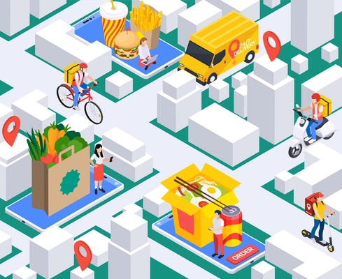 Online takeaway food order delivery service isometric composition with city block mockups location signs human characters vector illustration