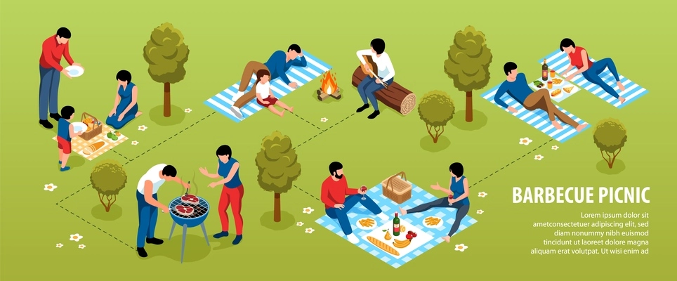 Isometric barbecue flowchart with people preparing grill on picnic vector illustration