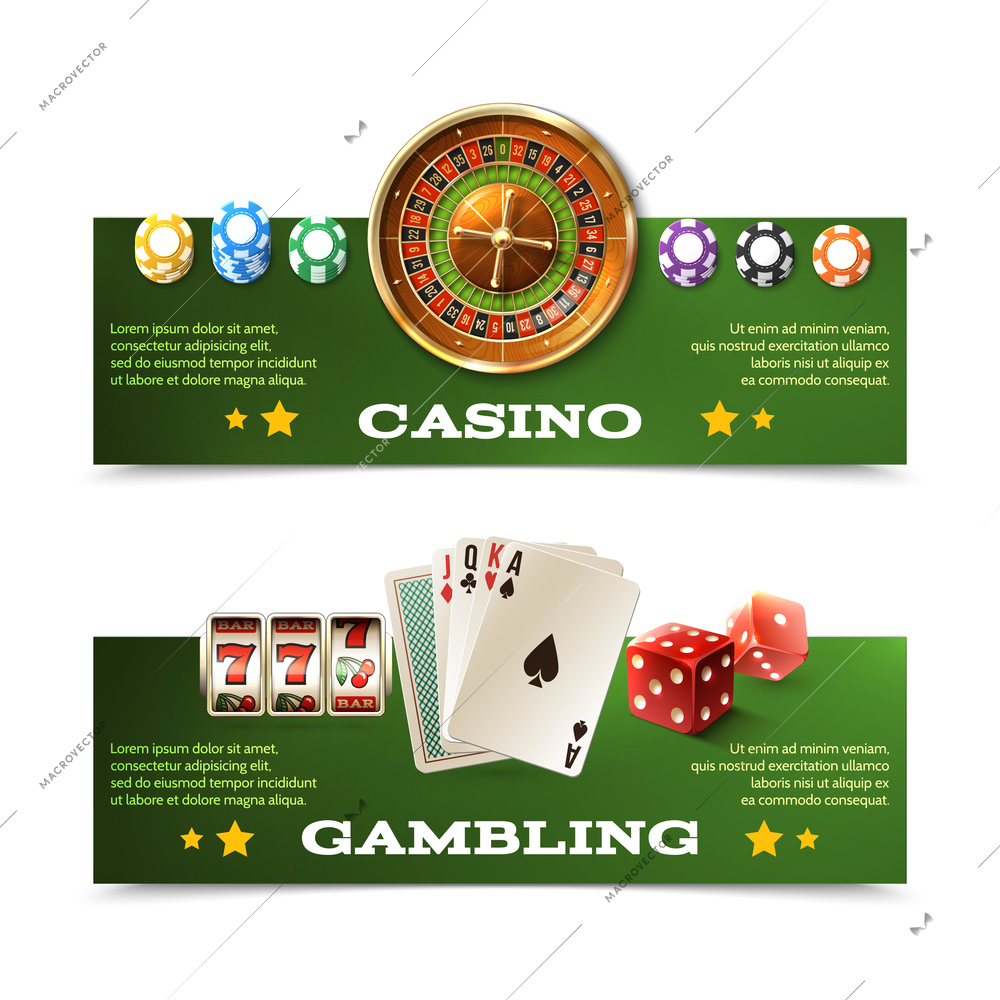 Casino horizontal banners set with realistic cards dice roulette and chips isolated vector illustration
