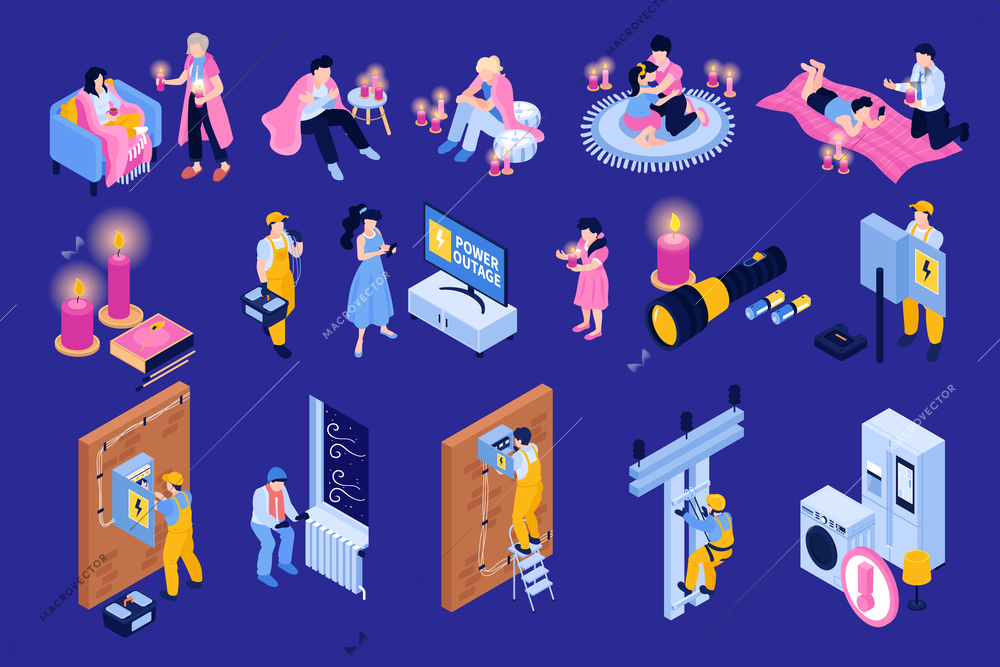 Isometric power outage set on blue background with isolated icons of power panels technicians and consumers vector illustration