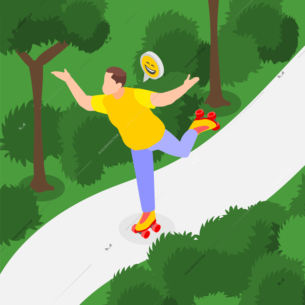 Happy overweight man roller skating in green park isometric background 3d vector illustration