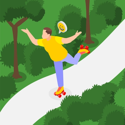 Happy overweight man roller skating in green park isometric background 3d vector illustration