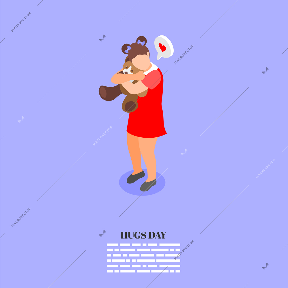 Hugs day concept with little girl hugging teddy bear on color background isometric vector illustration