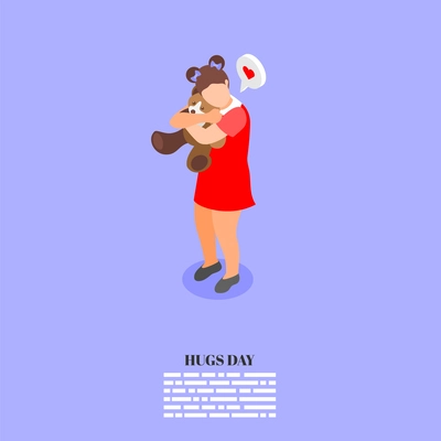 Hugs day concept with little girl hugging teddy bear on color background isometric vector illustration