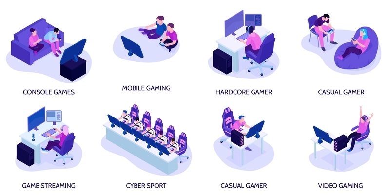 Isometric gamers set of isolated compositions with text captions characters of gamers with armchairs and computers vector illustration