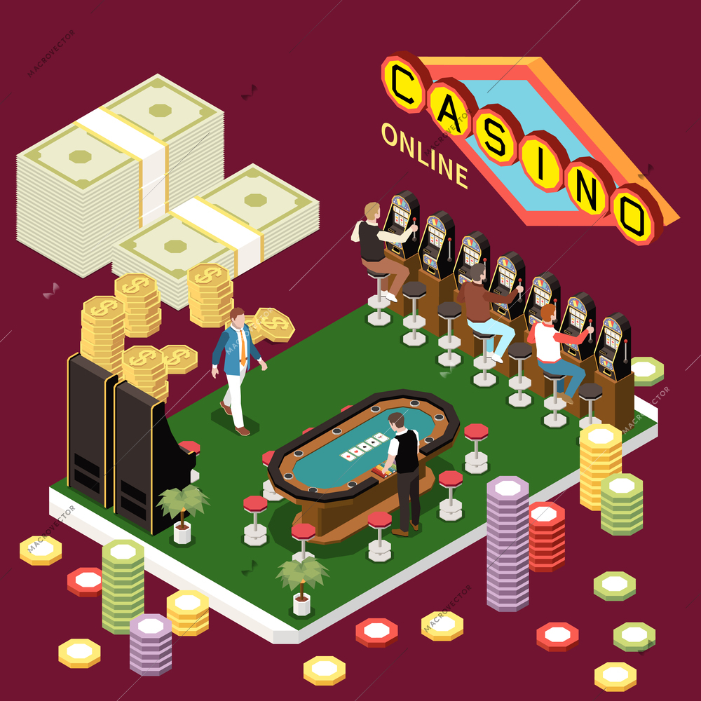 Online lottery gambling casino isometric composition with icons of signboard chips and money with player characters vector illustration