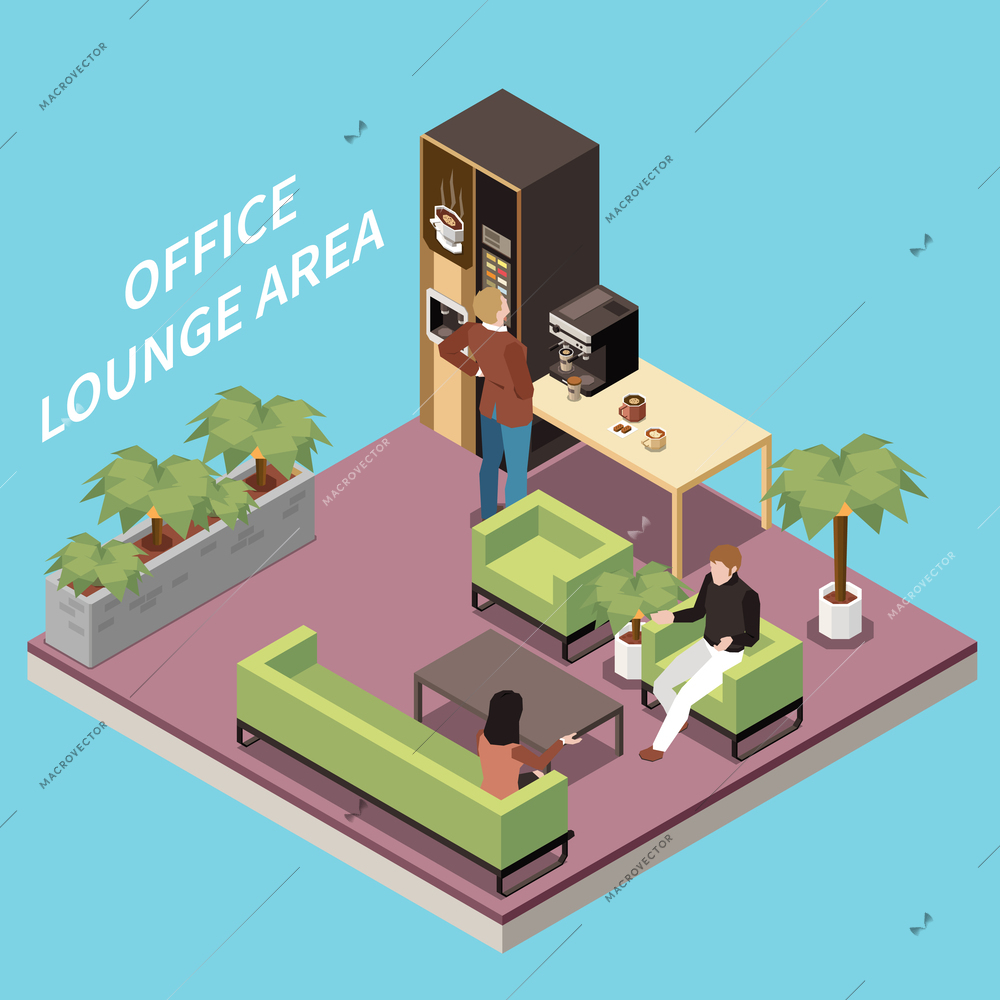 Office recreation facilities isometric composition with indoor view of vending coffee machine and workers having break vector illustration