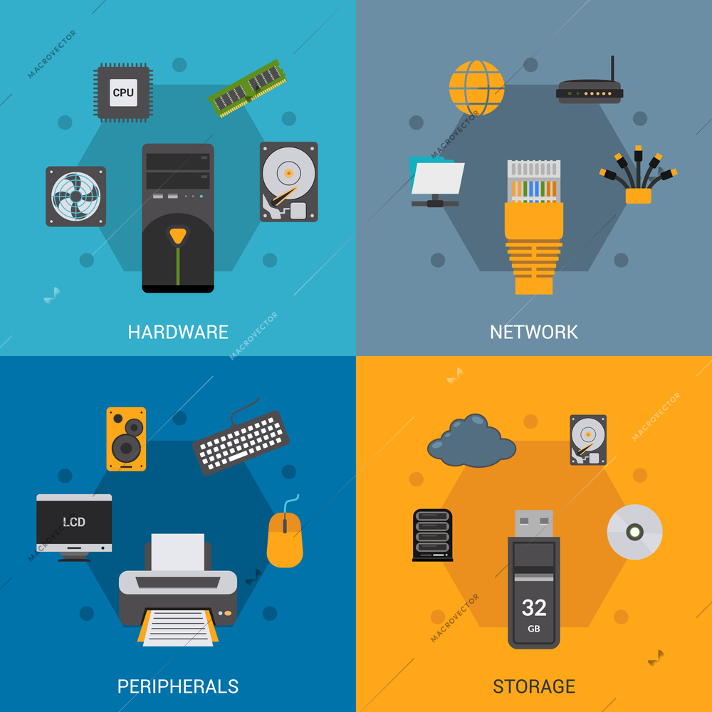 Computer parts design concept set with hardware network peripherals storage flat icons isolated vector illustration