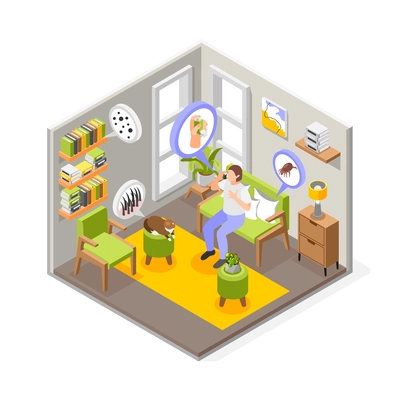 Asthma symptoms and treatment isometric composition with isolated view of living room with circle activator icons vector illustration