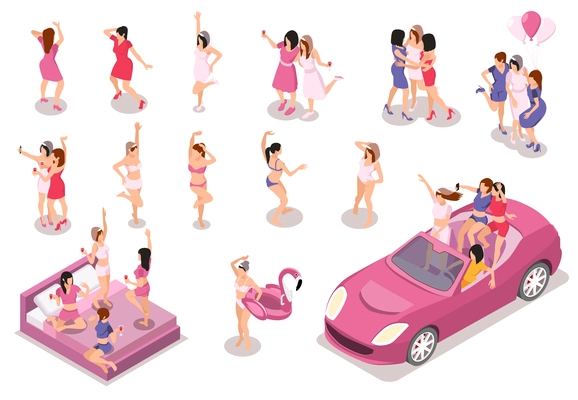 Bachelorette party hen party isometric set with isolated icons female characters dancing hugging and drinking alcohol vector illustration