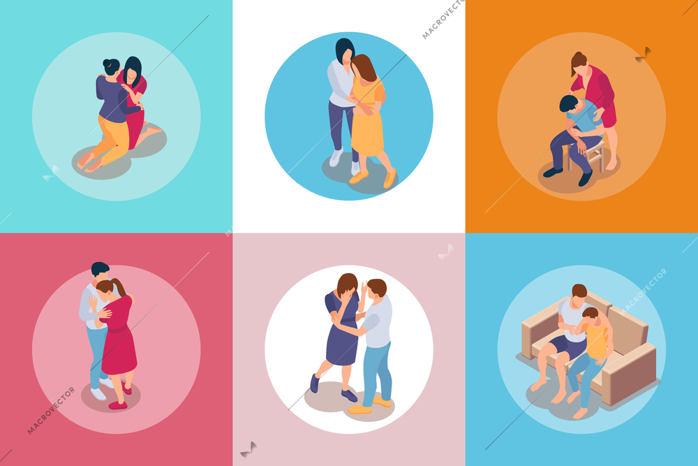 People support isometric set with isolated round compositions of human characters embracing holding each others hands vector illustration