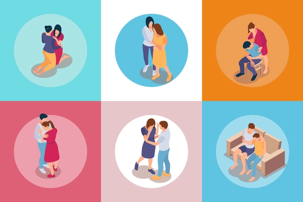 People support isometric set with isolated round compositions of human characters embracing holding each others hands vector illustration