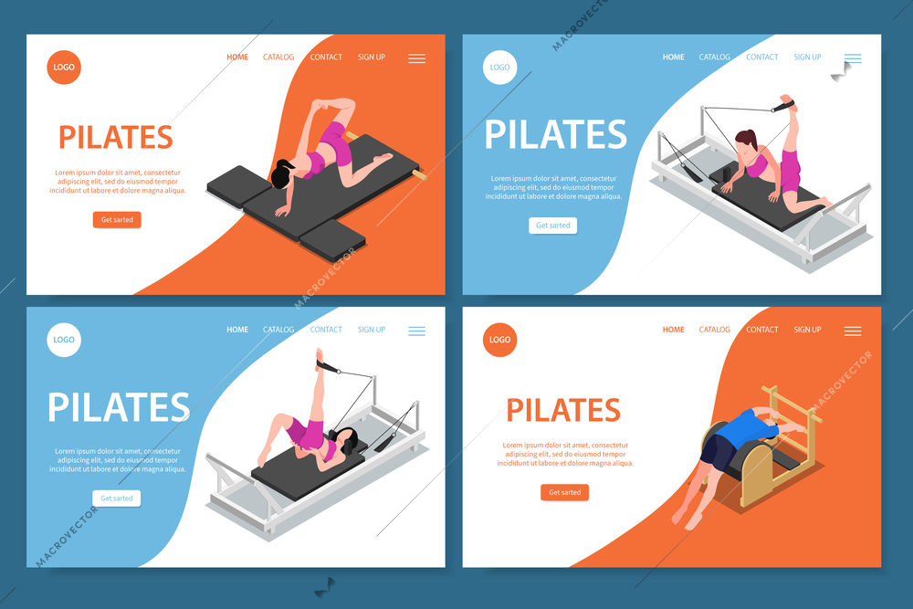 Pilates isometric set of isolated websites with practicing people images editable text and clickable links buttons vector illustration