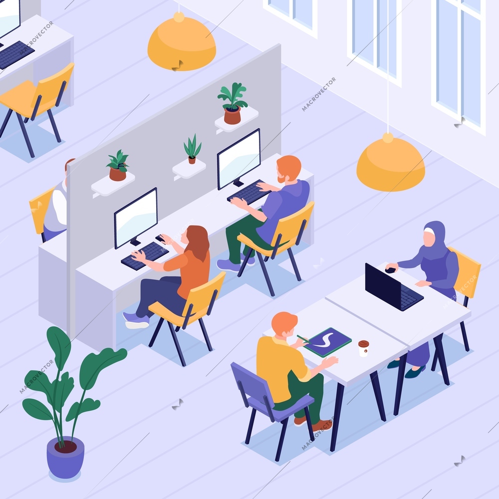 Isometric freelancer coworking composition with indoor view of open space with people at desks with laptops vector illustration