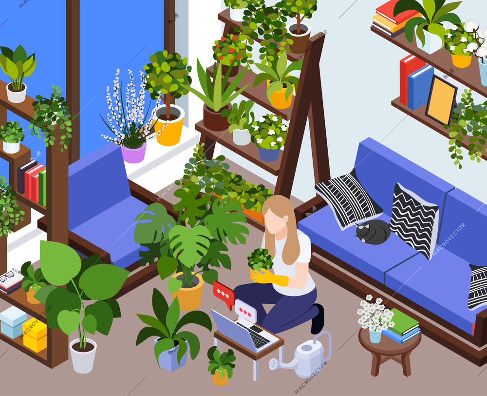 Master class workshop group learning practice isometric composition with indoor interior of living room with plants vector illustration