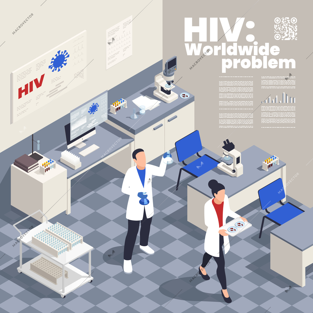 People in medical laboratory working with hiv test blood samples isometric vector illustration