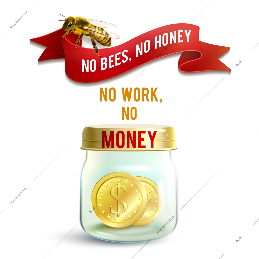 Realistic glass jar with money and honey bee work concept vector illustration