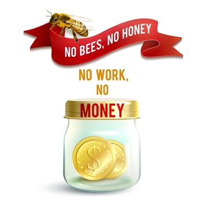 Realistic glass jar with money and honey bee work concept vector illustration