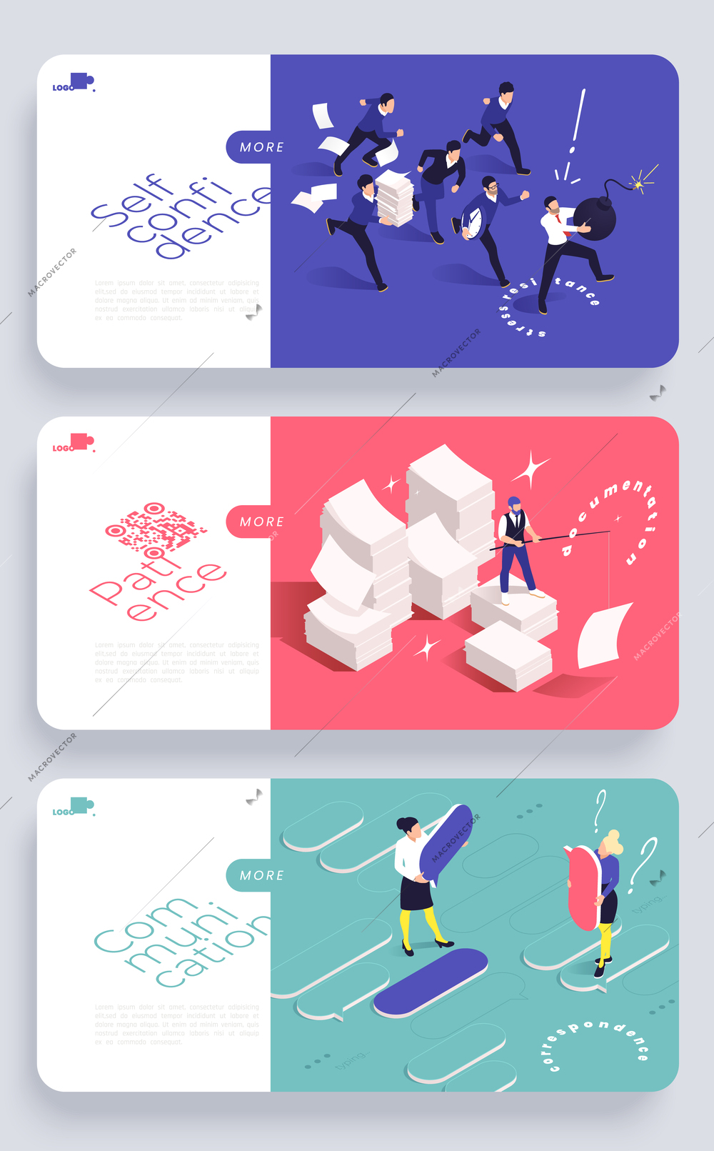 Set of isometric horizontal website banners with employees demonstrating various soft skills isolated vector illustration