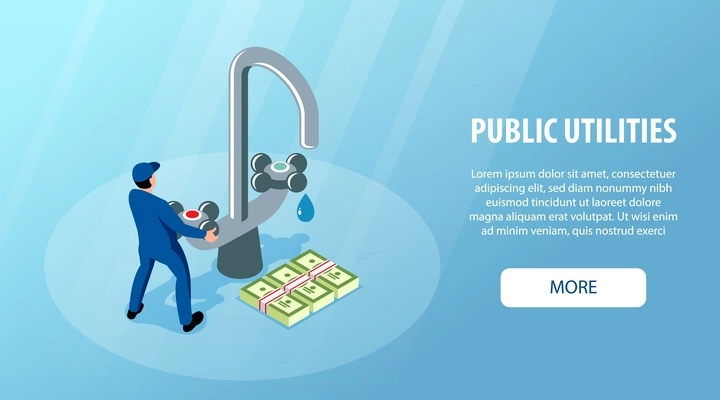 Public utilities horizontal banner with locksmith male character closing leaking water supply tap isometric vector illustration