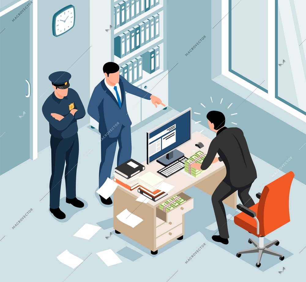 Money laundering isometric background with official trapped red handed on bribe vector illustration