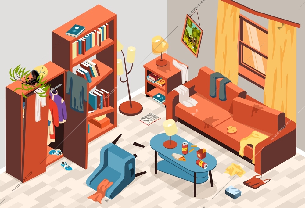 Messy room interior with scattered clothing on sofa leftovers on coffee table and overturned furniture isometric vector illustration