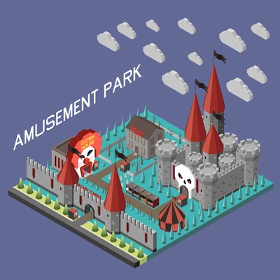 Amusement park isometric composition with isolated view of castle dungeon style buildings with wall and gate vector illustration