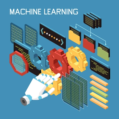 Machine learning isometric composition of text and robotic hand with icons of code gear and folders vector illustration