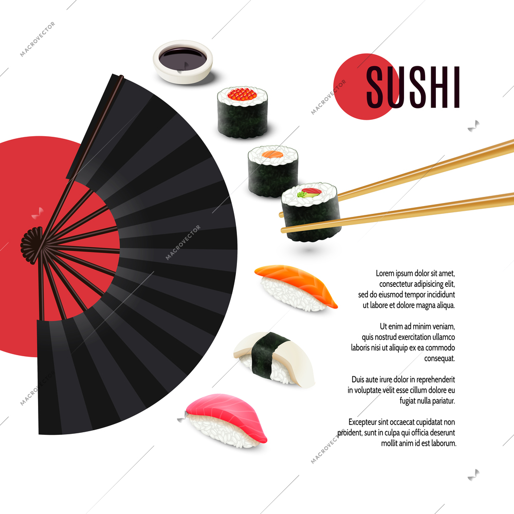 Japanese cuisine restaurant poster with sushi rolls and folding fan vector illustration