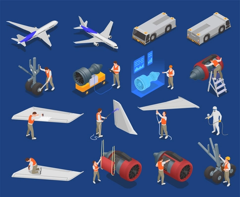 Aircraft service isometric icons set with airplane parts maintenance and repair isolated vector illustration