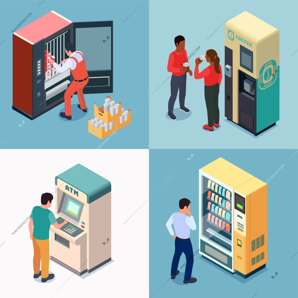 Set with four square vending machine isometric compositions with characters of users technicians and electronic terminals vector illustration