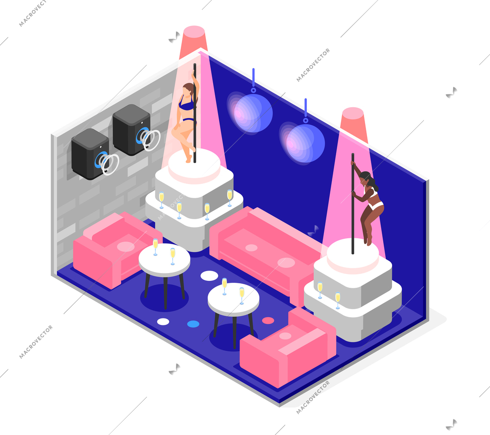 Night club interior with female pole dance performers sofas glasses of champagne on tables isometric composition vector illustration