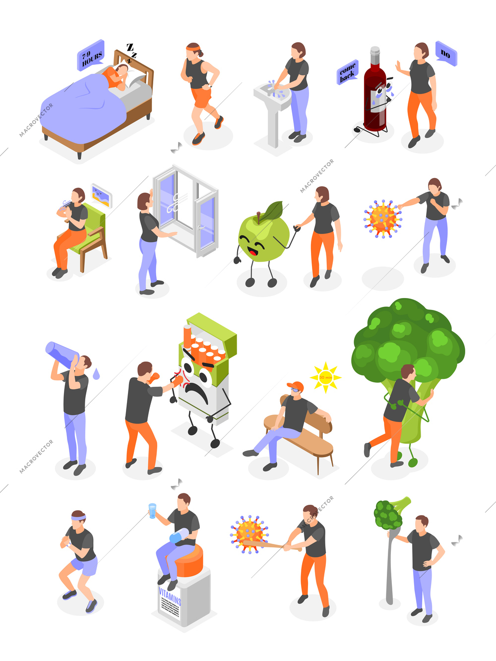 Immune system boost heathy nutrition active lifestyle hydration good sleep no bad habits isometric icons set isolated vector illustration