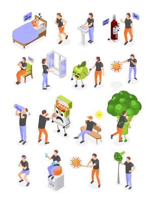 Immune system boost heathy nutrition active lifestyle hydration good sleep no bad habits isometric icons set isolated vector illustration