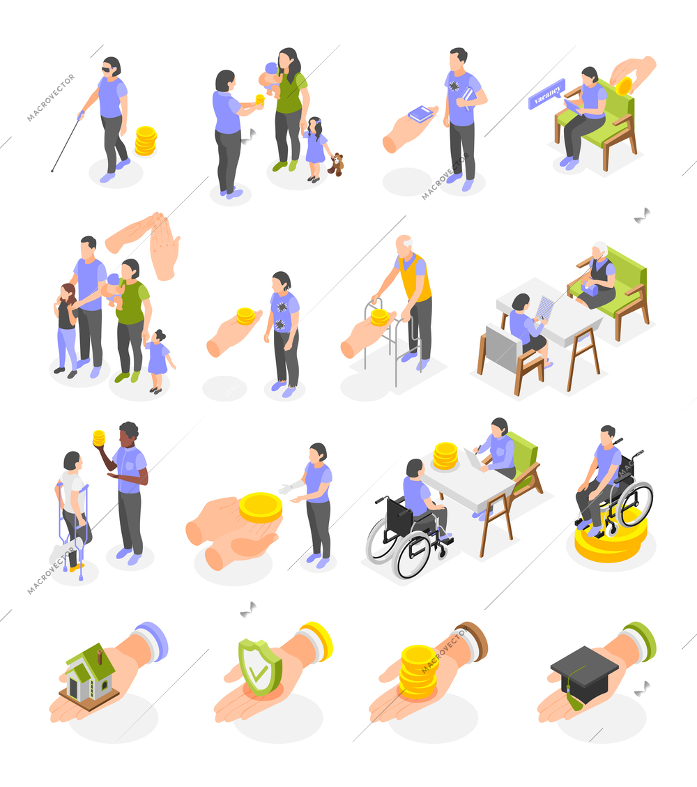 Social insurance benefits for disabled family education unemployed isometric icons set isolated vector illustration