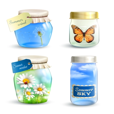 Realistic glass jar set with summer flowers sky and butterfly inside isolated vector illustration