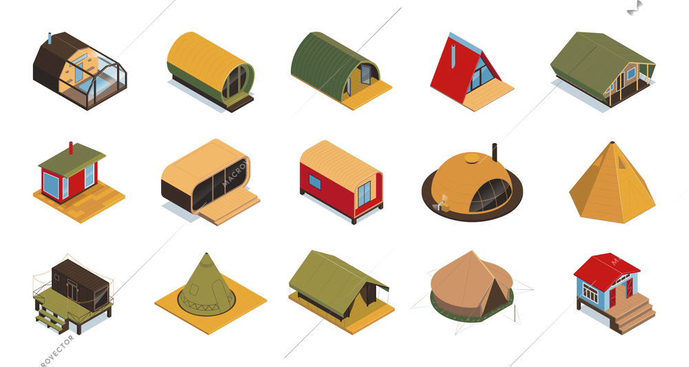 Isometric glamping colors set of isolated modern style eco houses awnings safari tents on blank background vector illustration