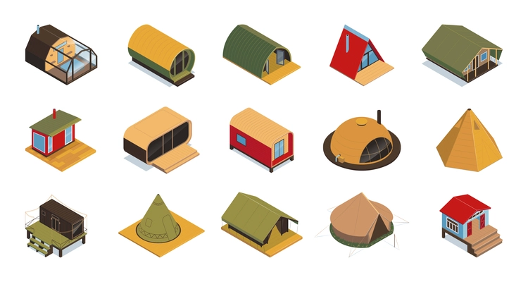 Isometric glamping colors set of isolated modern style eco houses awnings safari tents on blank background vector illustration