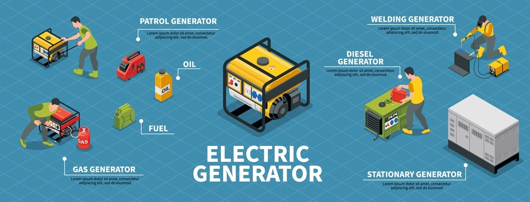 Electric generator infographic set with fuel and oil symbols isometric vector illustration