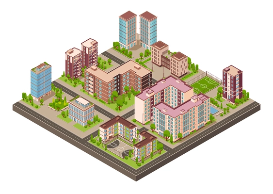 City buildings isometric composition with isolated view of district block with streets and modern residential houses vector illustration