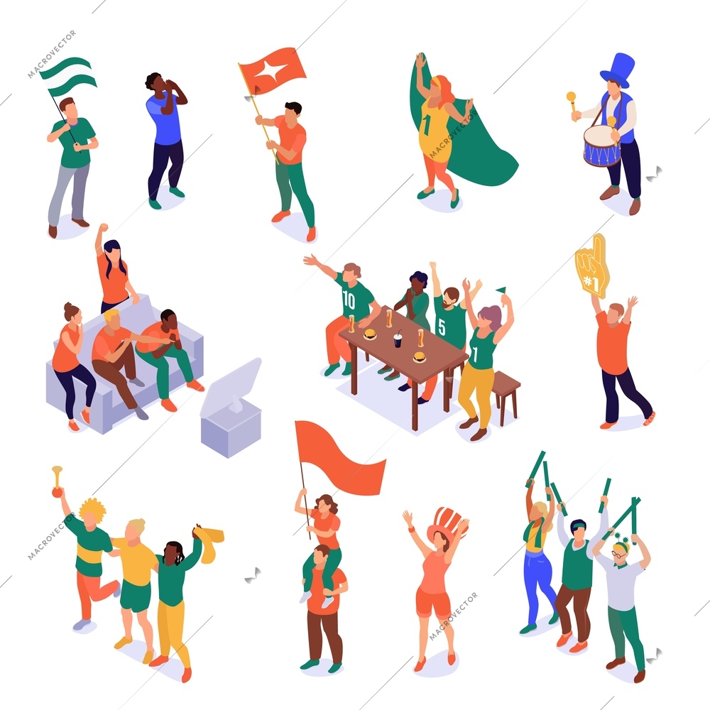 Isometric sport fans color set of isolated compositions with characters of shouting team supporters with flags vector illustration