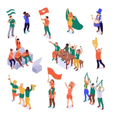 Isometric sport fans color set of isolated compositions with characters of shouting team supporters with flags vector illustration