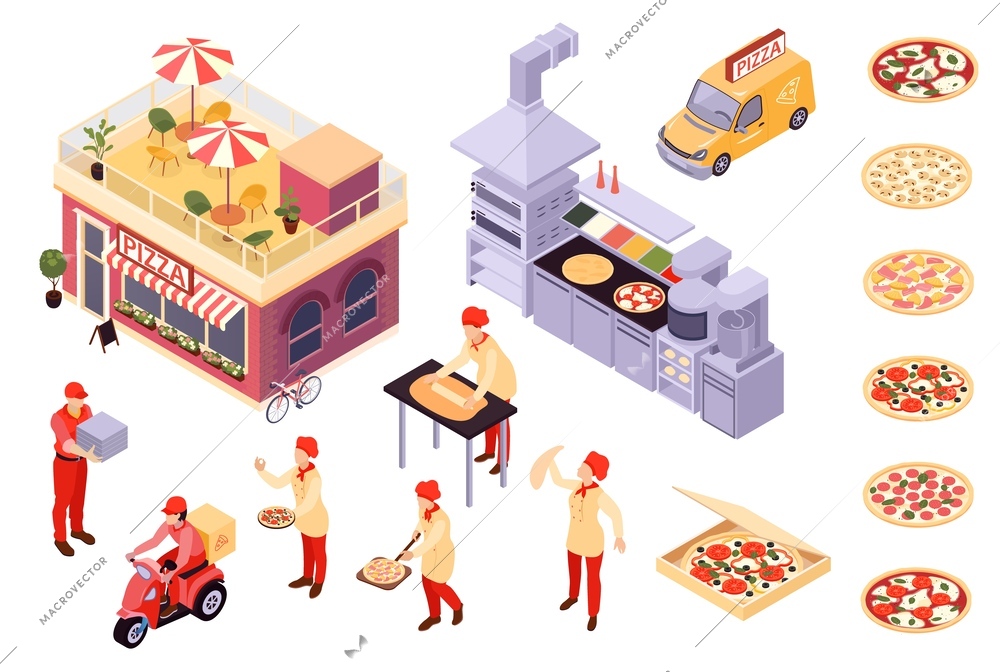 Isometric pizza set with isolated icons of meals boxes with characters of cooks and delivery agents vector illustration