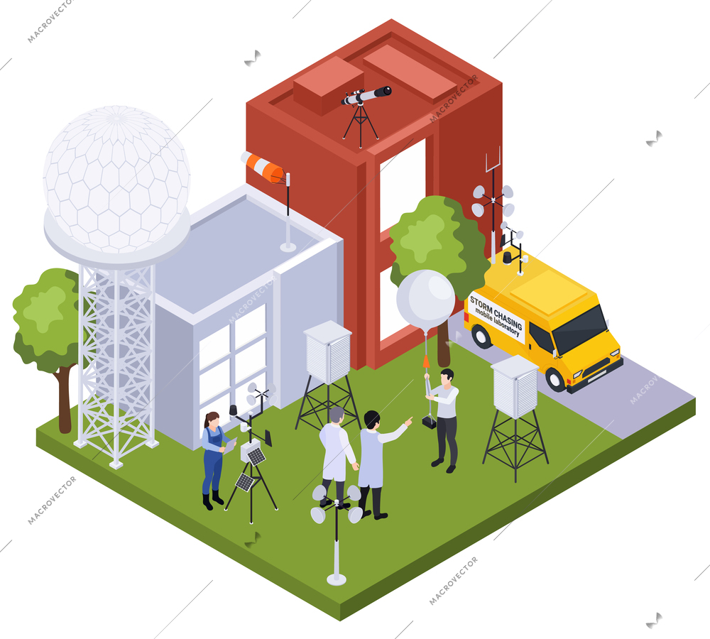 Earth sciences geology petrology seismology volcanology isometric composition with isolated view of weather station buildings people vector illustration