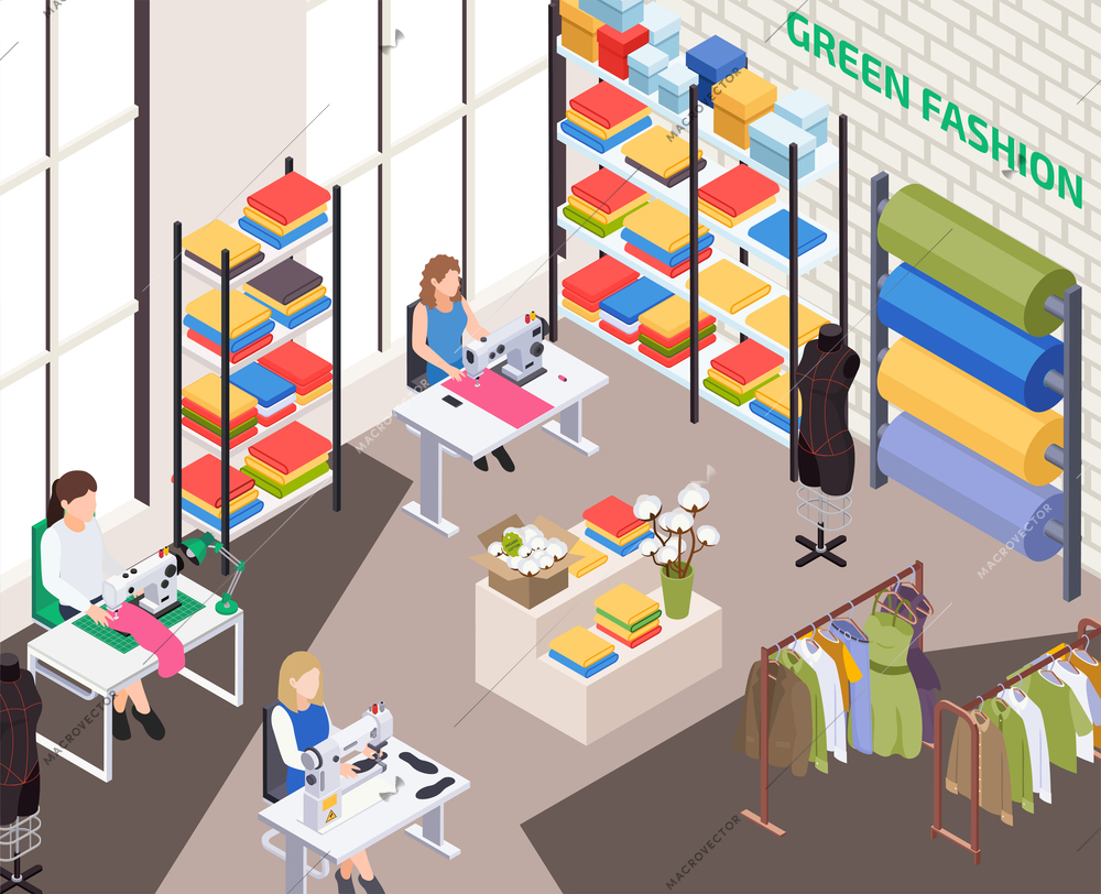 Sustainable clothes slow fashion isometric composition with indoor view of green fashion workshop with working places vector illustration