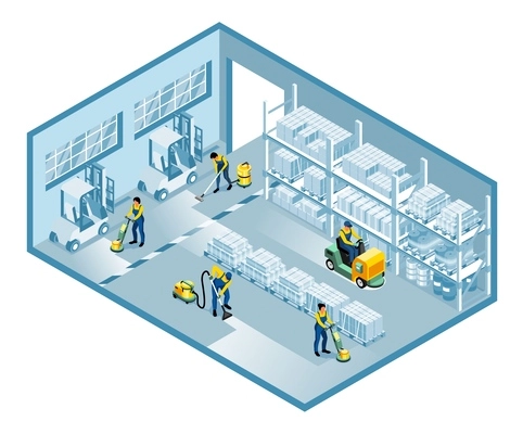Cleaning service isolated object on white background with workers carrying out cleaning in warehouse  vector illustration